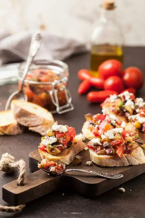tomatoes on chibatta with balsamic vinegar and olive oil